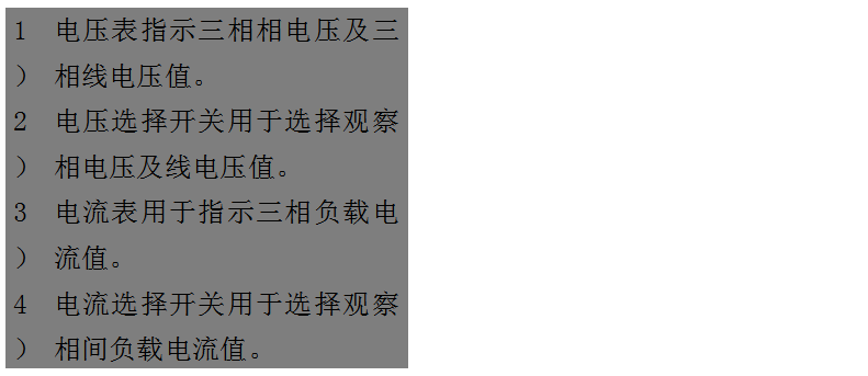 文本框: 1）	电压表指示三相相电压及三相线电压值。
2）	电压选择开关用于选择观察相电压及线电压值。
3）	电流表用于指示三相负载电流值。
4）	电流选择开关用于选择观察相间负载电流值。
5）	运行时间表用于指示柴油发电机组的累计运行时间。
6）	机油压力表用于指示机组运行时的机油压读数。
7）	水温表用于指示冷却液温度数值。
8）	频率/转速表用于指示输出电力的频率和机组的转速。
9）	电池电压表用于指示电池的充电电压。

